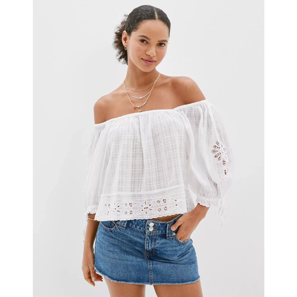 American Eagle AE Wide Neck Puff-Sleeve Blouse White XXL NWT peasant Boho